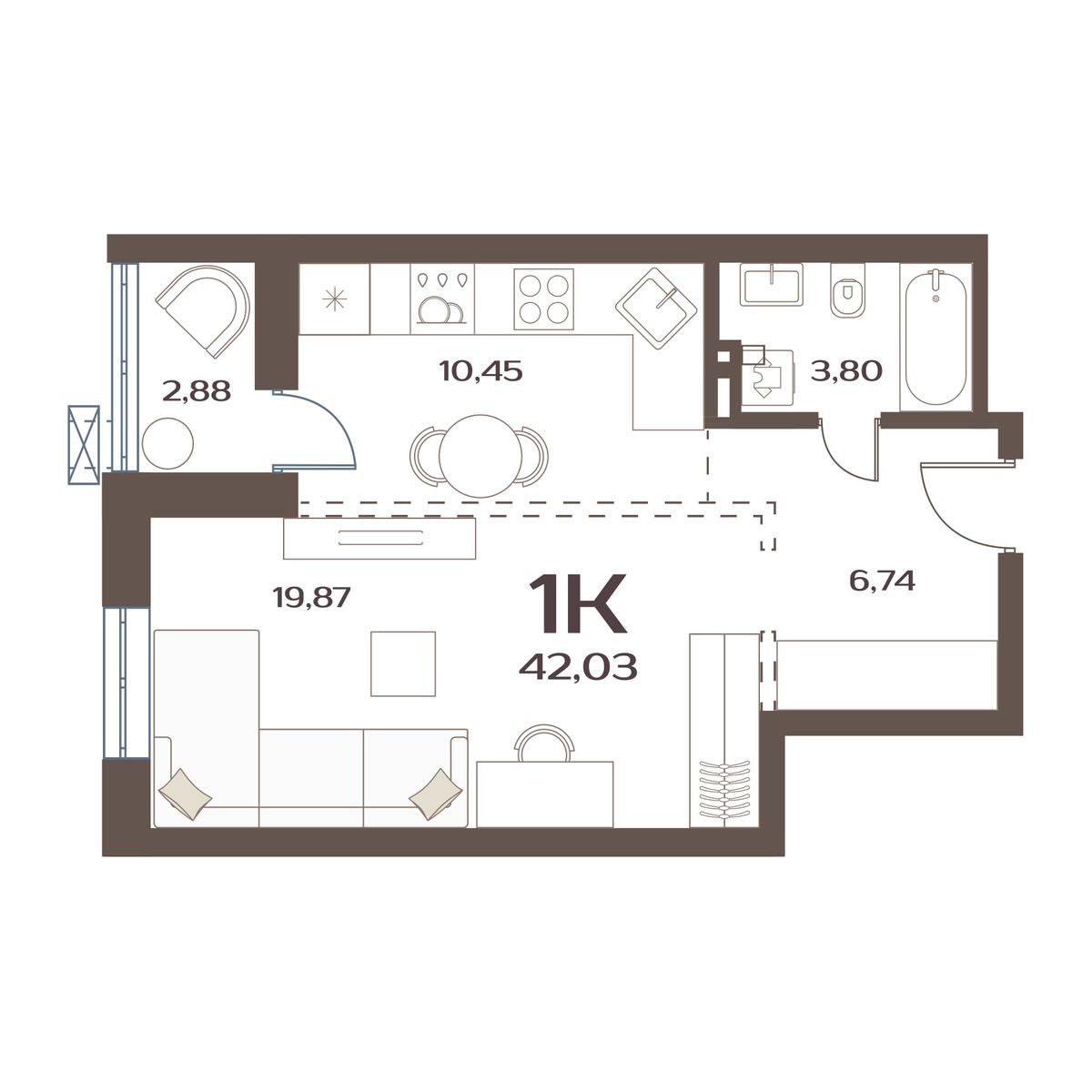 ЖК Меридианы Улисса, 1-комн кв 42,03 м2, за 5 912 000 ₽, 1 этаж